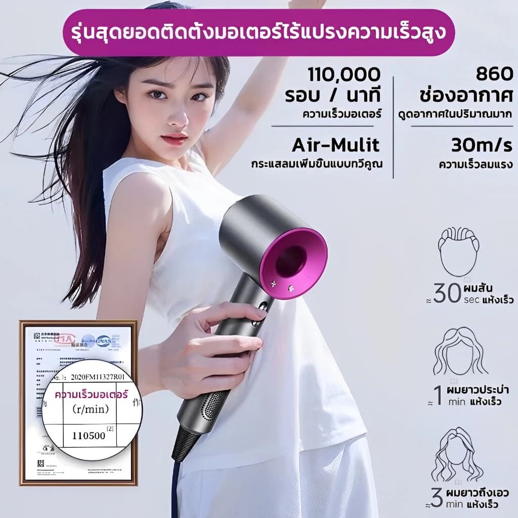 รับประกัน5ปีไดร์เป่าผม ผมแห้งเร็วพิเศษ ปรับลมร้อนและเย็นได้ ไอออนลบ เครื่องเป่าผมไฟฟ้า ไดร์เป่าผมรุ่นพกพา รูปที่ 2