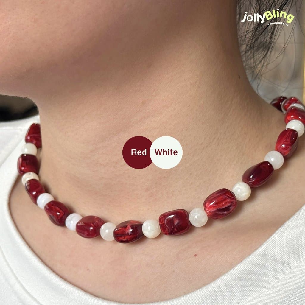 JollyBling - สร้อยคอลูกปัดหินเทียมทรงสี่เหลี่ยมสลับทรงกลม ใส่ง่าย แมทช์ได้ทุกลุค รูปที่ 1