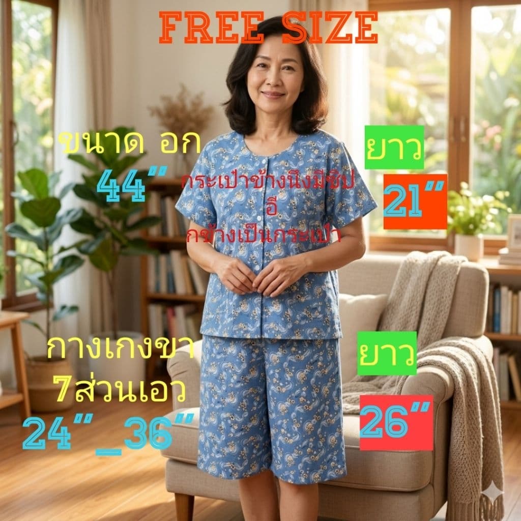 #09 ชุดคอกระเช้า มีแขน ผ่าหน้าลายดอก เสื้อคนแก่ ขนาด อก=44",ยาว=21"กางเกงขา7ส่วนเอว=24_36"ยาว=26" รูปที่ 1