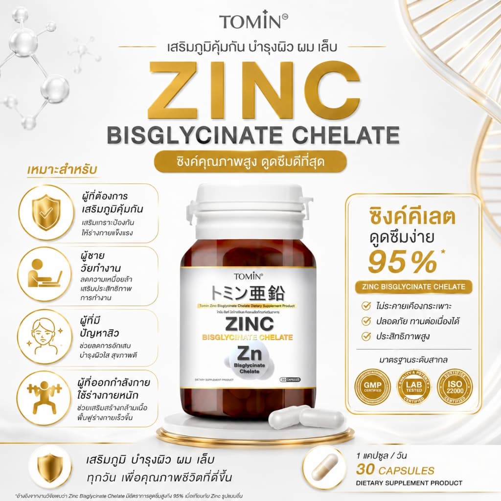 Tomin™ Zinc Bisglycinate Chelate ซิงค์ บิสไกลซิเนต 15 mg ลดสิว ผิว ผม เล็บ เสริมภูมิ รูปที่ 7