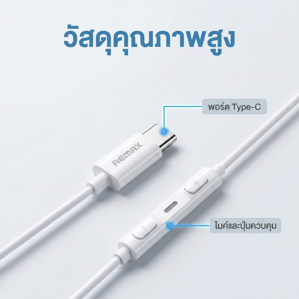 REMAX หูฟังมีสาย Type-C RM-702a สายยาว 1.2ม มีไมค์ปุ่มคอนโทรล รับประกัน 1 ปี รูปที่ 4