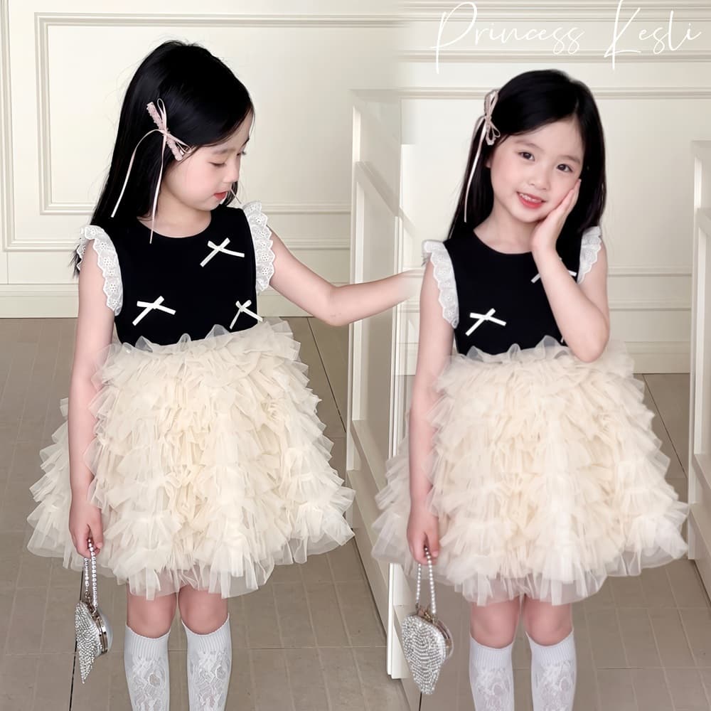 PRINCESS KESLI ชุดเดรสเด็กผู้หญิง สาวฤดูร้อน แขนกุด เสื้อผ้าเด็ก ตาข่าย โบว์ สไตล์น่ารัก 2-9 ปี รูปที่ 1