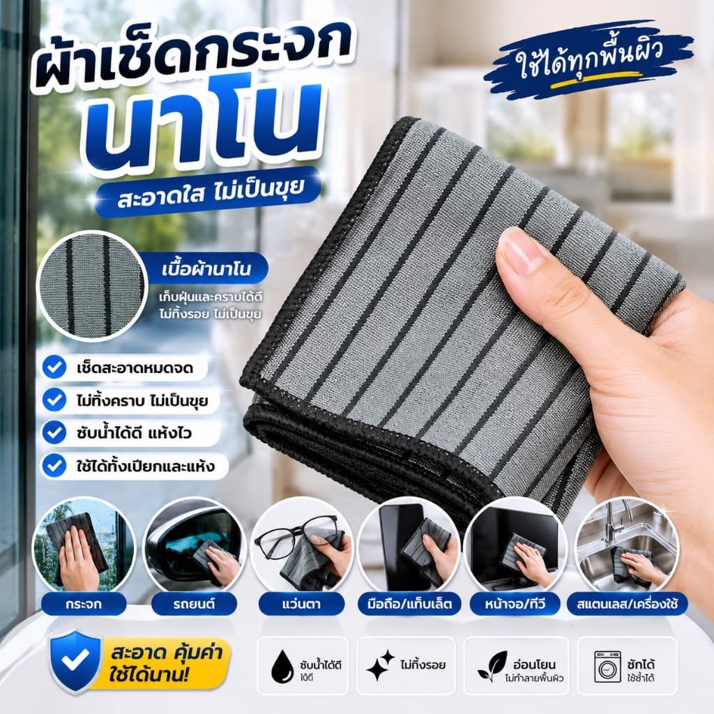 ผ้าเช็ดกระจก เนื้อนาโนขนาด 40*40 ซม. รูปที่ 3
