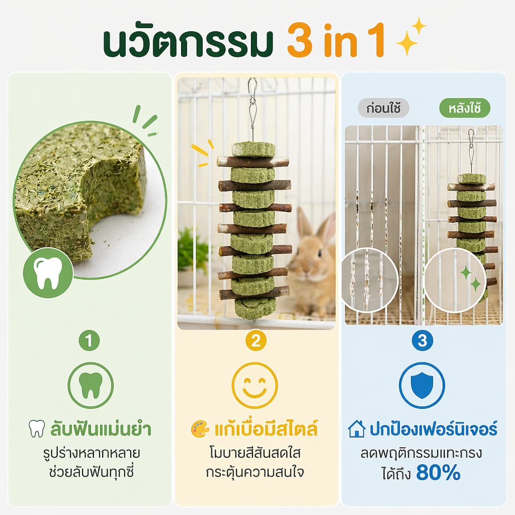 PETLUSCI® โมบาย ของเล่นลับฟัน ของเล่นกระต่าย ไม้ลับฟันกระต่ายและคุ้กกี้หญ้า ของเล่นกระต่าย โมบายไม้แอปเปิ้ล ไม้ไผ่หวาน รูปที่ 6