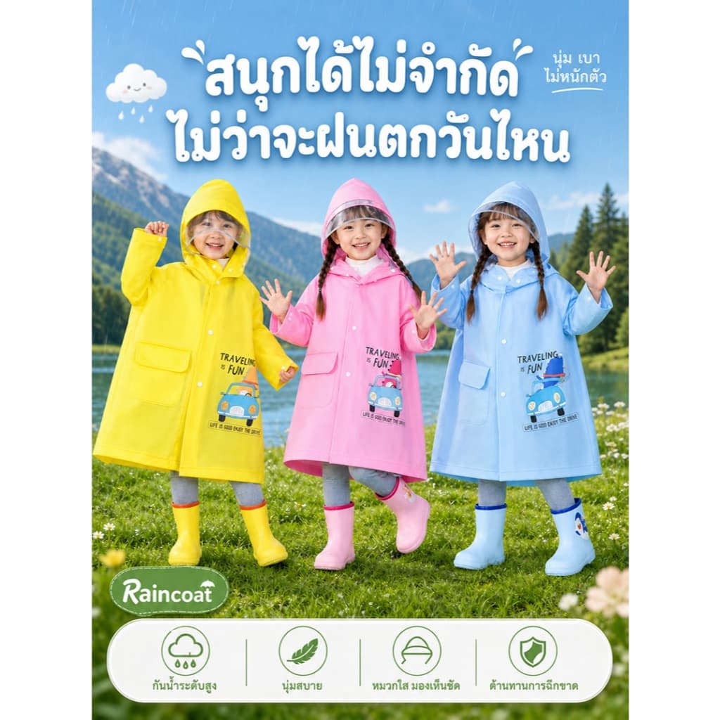 ชุดกันฝนเด็กเสื้อกันฝนเด็กลายการ์ตูนน่ารัก หมวกปีกใหญ่มีช่องสะพายกระเป๋ากันลม-กันฝนดี มีแถบสะท้อนแสง EVA คุณภาพสูง รูปที่ 2