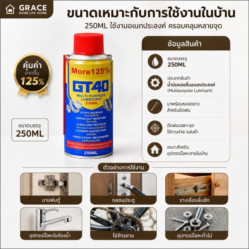 GRACE น้ำยาหล่อลื่นอเนกประสงค์ GT40 250ML ขจัดสนิม หล่อลื่น ปกป้องโลหะ รูปที่ 9