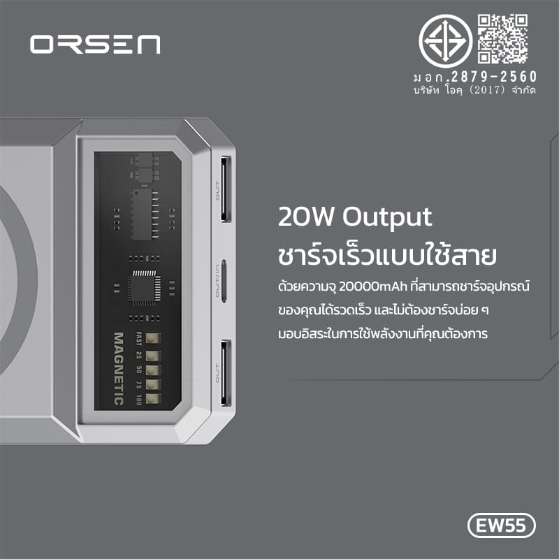 Orsen by Eloop EW55 PowerBank ชาร์จแบบแม่เหล็ก 20000mAh PD20W QC3.0 MagCharge แบตสำรอง ไร้สาย รูปที่ 3