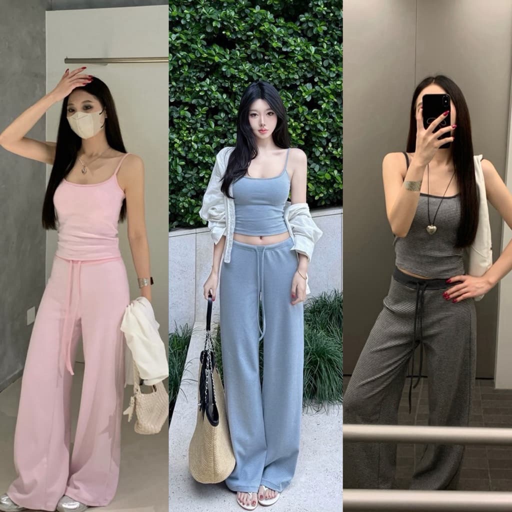 9586 Set 2 pcs เสื้อสายเดี่ยว สายปรับได้ มีฟองน้ำช่วงอก + กางเกงขายาวเอวยางยืด มีเชือกรูดช่วงเอว TAG:WG.WE รูปที่ 1