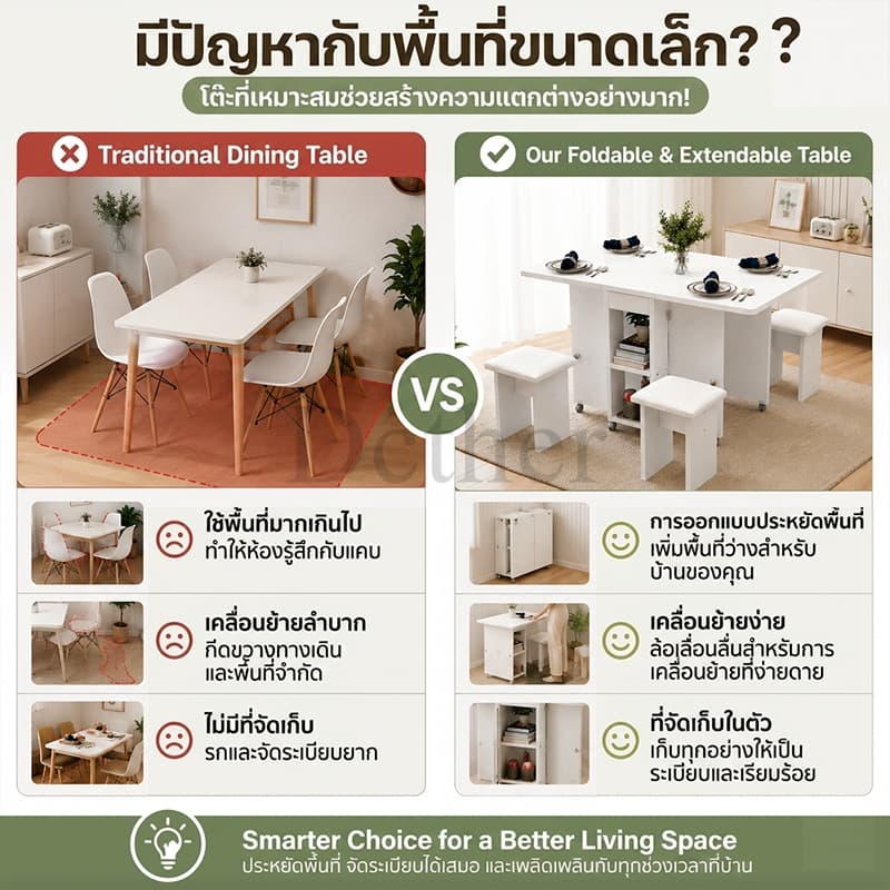 DC โต๊ะอาหาร โต๊ะอาหารพับได้ 120/140cm พร้อมเก้าอี้ 4 ตัว เก็บของได้ มีล้อเลื่อน เคลื่อนย้ายสะดวก ประหยัดพื้นที่ รูปที่ 2