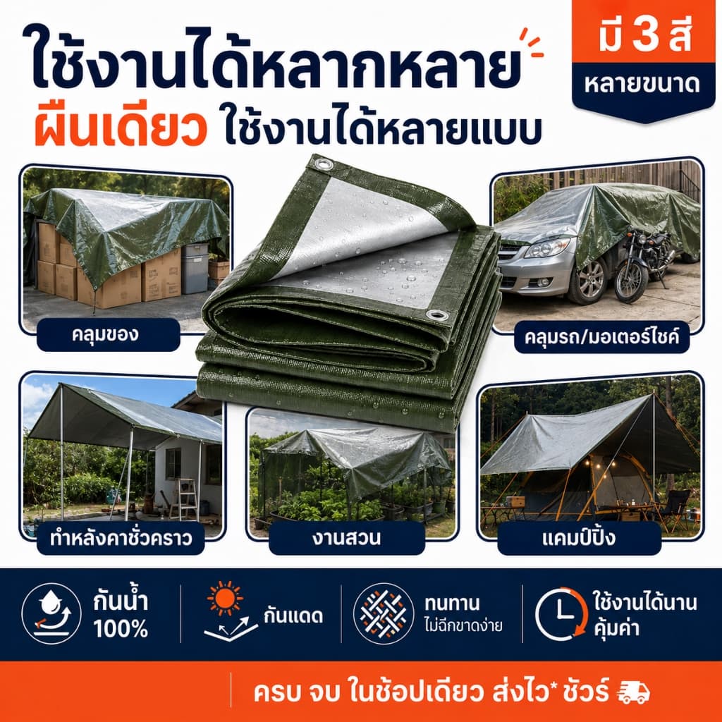 ผ้าใบ PE กันแดดกันฝน เคลือบฟิล์ม 2 ด้าน ใช้คลุมของ คลุมรถ ทำหลังคาชั่วคราว หลายขนาด รูปที่ 2