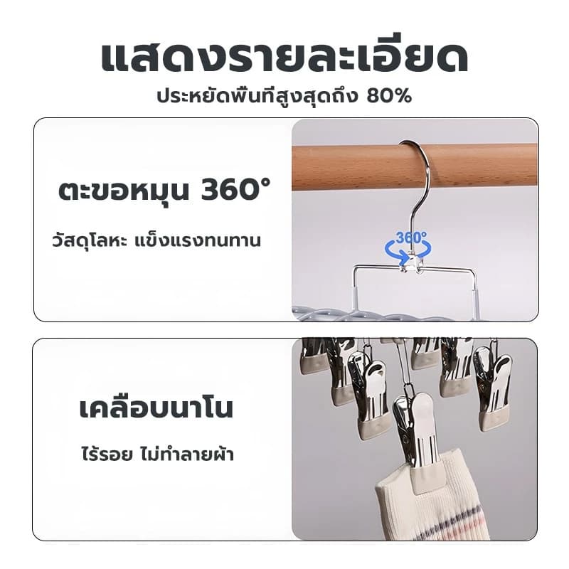 ที่ตากผ้าแบบหนีบ ไม้หนีบผ้าสแตนเลส 20 ชิ้น ใช้งานง่าย ประหยัดพื้นที่กันลื่น เคลือบซิลิโคนกันลื่น สีขาวนวล เทา COD รูปที่ 5