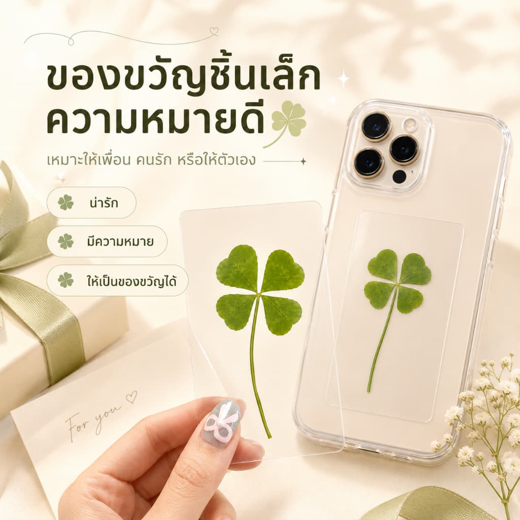 ใบโคลเวอร์ 4 แฉก เครื่องรางนำโชค ใบโคลเวอร์เสริมดวง ความรัก/โชคลาภ ใส่หลังเคสมือ รูปที่ 4