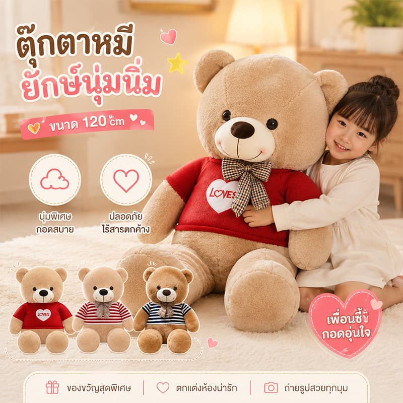 ตุ๊กตาหมี ตุ๊กตา ตุ๊กตายักษ์ 90/120/140/160CM ใยสังเคราะห์ PP ตุ๊กตาตัวใหญ่เท่าคน รูปที่ 2