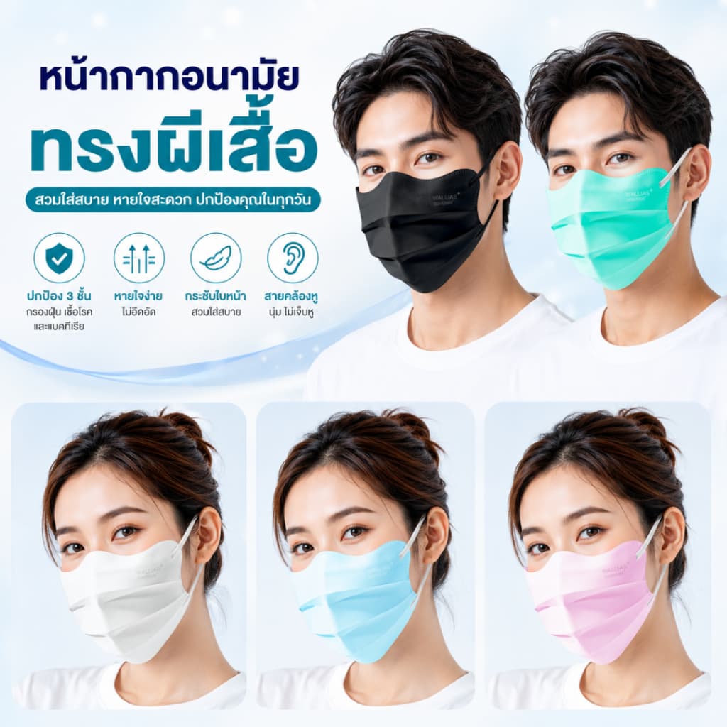 Wallias Medical Face Mask หน้ากากอนามัยทรงผีเสื้อ หน้ากากใส่สบาย หนา3ชั้นแมสกันฝุ่น PM2.5 ป้องกันเชื้อโรค รูปที่ 7