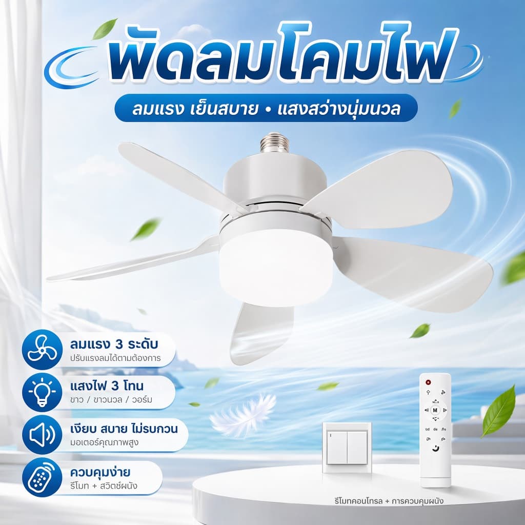 100W E27 ไฟพัดลมเพดาน LED ไฟพัดลมห้องนั่งเล่น/ห้องนอน ถอดออกได้ ปรับแสงได้ ไฟพัดลมติดเพดาน พร้อมรีโมท รูปที่ 1