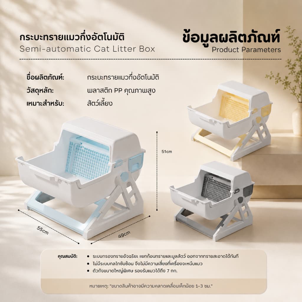 กระบะทรายแมวกึ่งอัตโนมัติ ขนาดใหญ่ ไม่ต้องตัก ยก-พลิก-วาง เก็บอึง่าย กันทรายกระเด็น ลดกลิ่น รองรับ 7kg รูปที่ 9