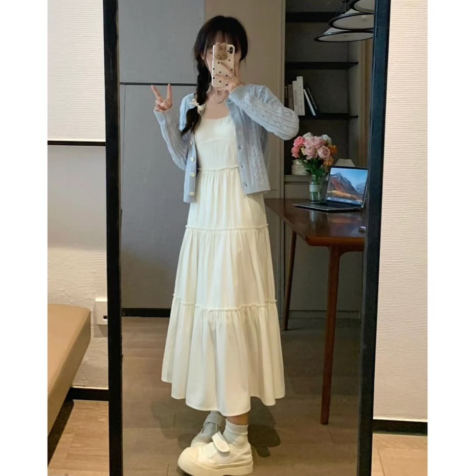 cherryshop ชุดเดรสยาวผู้หญิง เดรสผู้หญิง ชุดน่ารัก สายเดี่ยวเซ็กซี่ เอวแคบ ดีไซน์จีบ สีเบจ รูปที่ 9