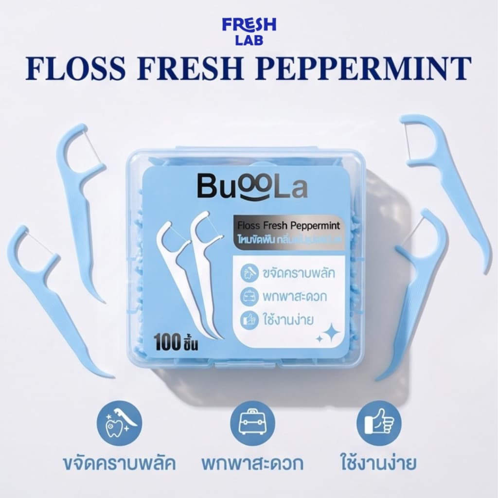 BUOOLA ไหมขัดฟันทั้งหมด 5 สี กลิ่นเปปเปอร์มินต์ ช่วยขจัดเศษอาหาร เส้นไหมเหนียวทน รูปที่ 8