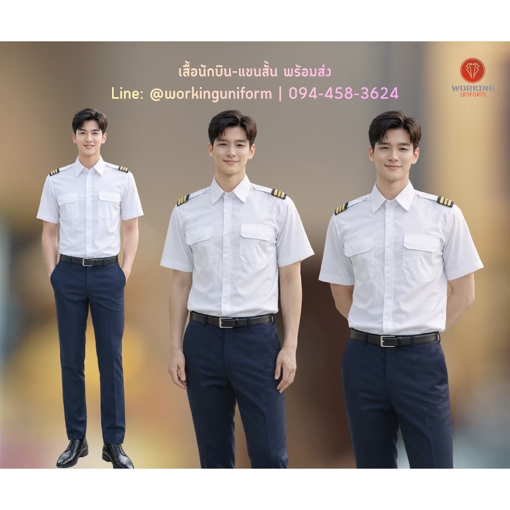 เสื้อเชิ้ตนักบิน ชายสีขาว แขนสั้น ผ้าคอมทวิว รูปที่ 1