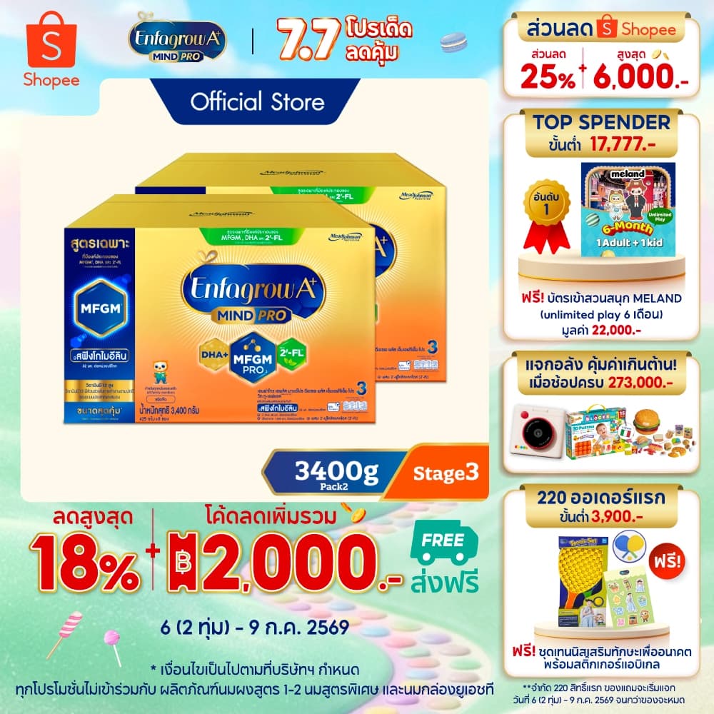 นมผง เอนฟาโกร เอพลัส มายด์โปร สูตร3 ชนิดจืด (3400 กรัม) x2 กล่อง Enfagrow A+ MindPro Stage3 (3400 g) x2 packs