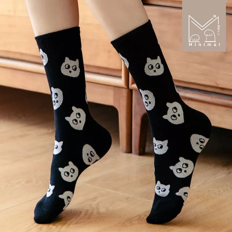 Meawnimal ถุงเท้าข้อยาวลายแมว ขาว–ดำ ใส่ง่าย แมทช์ทุกชุด Size 36–40 รูปที่ 2