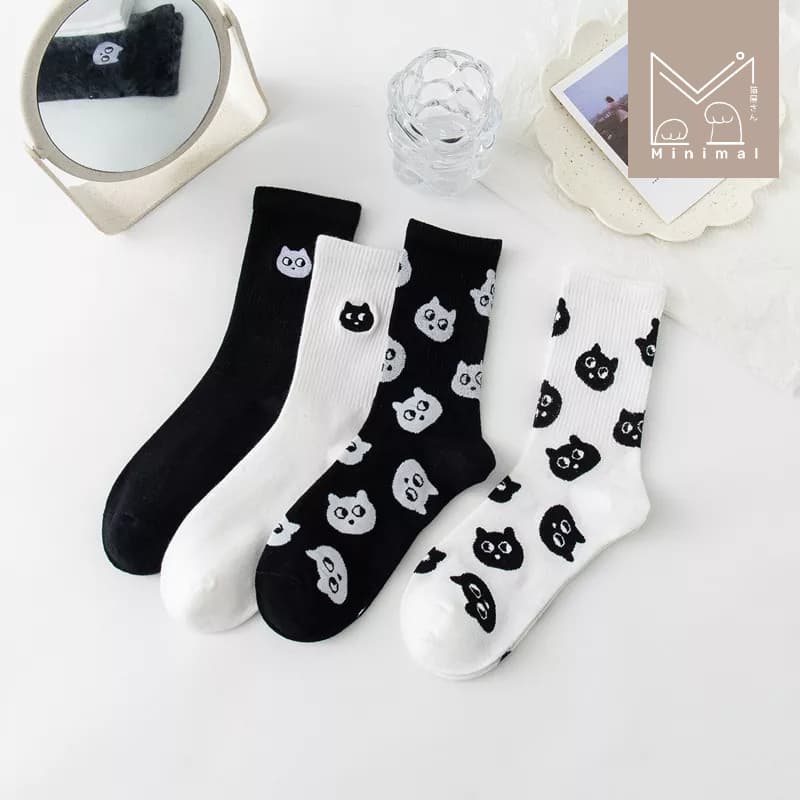 Meawnimal ถุงเท้าข้อยาวลายแมว ขาว–ดำ ใส่ง่าย แมทช์ทุกชุด Size 36–40 รูปที่ 1