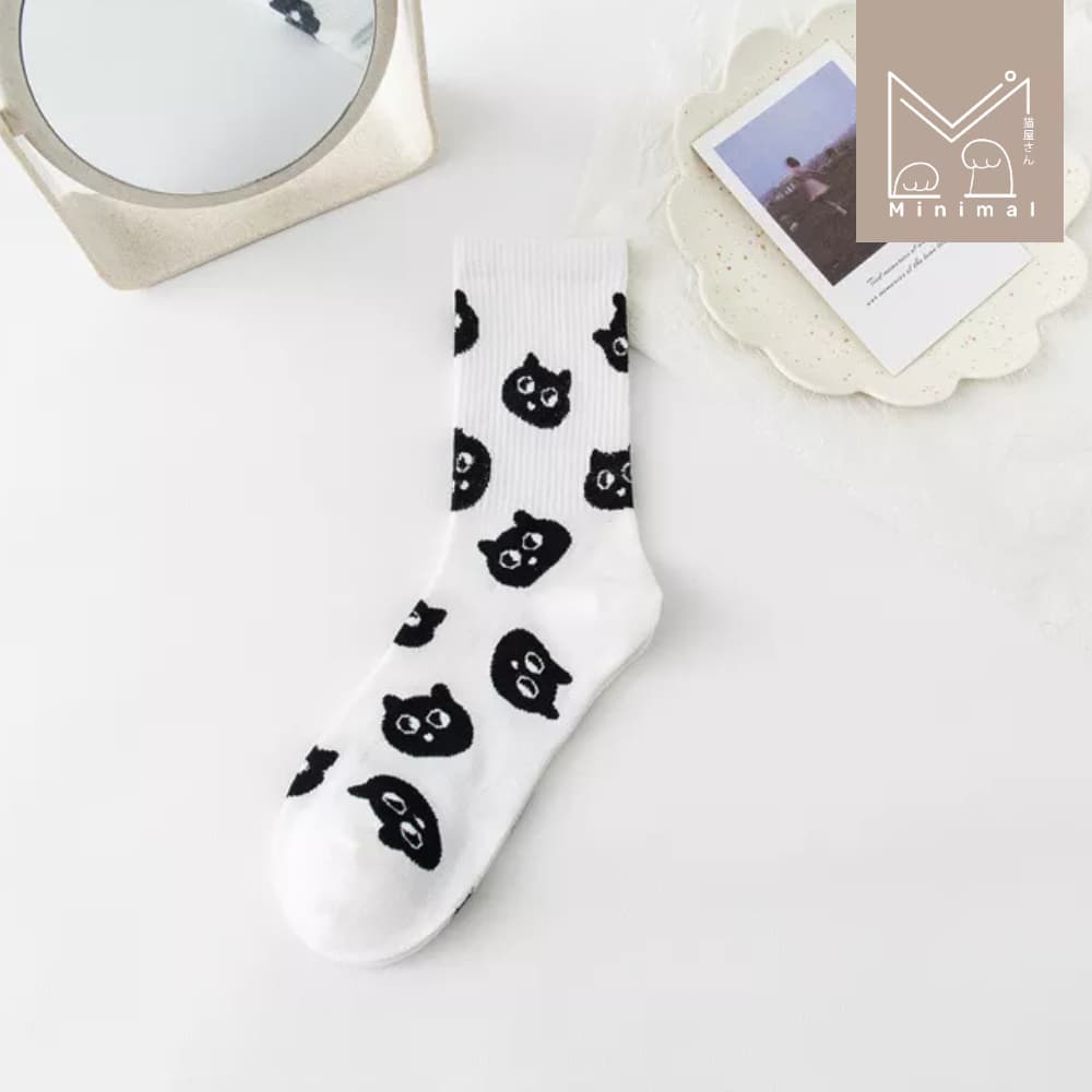 Meawnimal ถุงเท้าข้อยาวลายแมว ขาว–ดำ ใส่ง่าย แมทช์ทุกชุด Size 36–40 รูปที่ 5