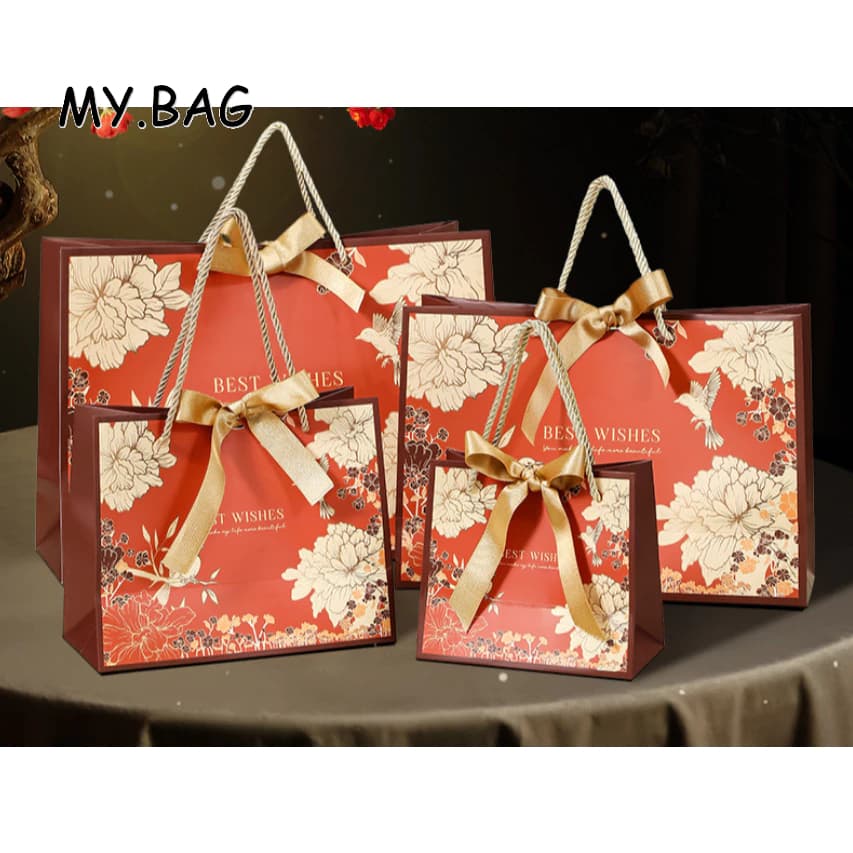 BAG ถุง ถุงกระดาษ หูหิ้วเชือก พิมพ์ลาย best wishes พร้อมโบว์ผูก ลายดอกไม้ รูปที่ 1
