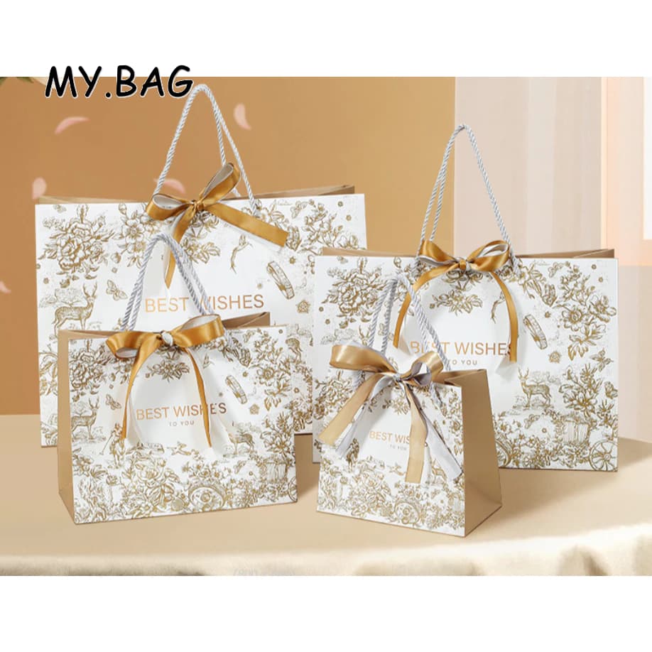 BAG ถุง ถุงกระดาษ หูหิ้วเชือก พิมพ์ลาย best wishes พร้อมโบว์ผูก ลายดอกไม้ รูปที่ 4