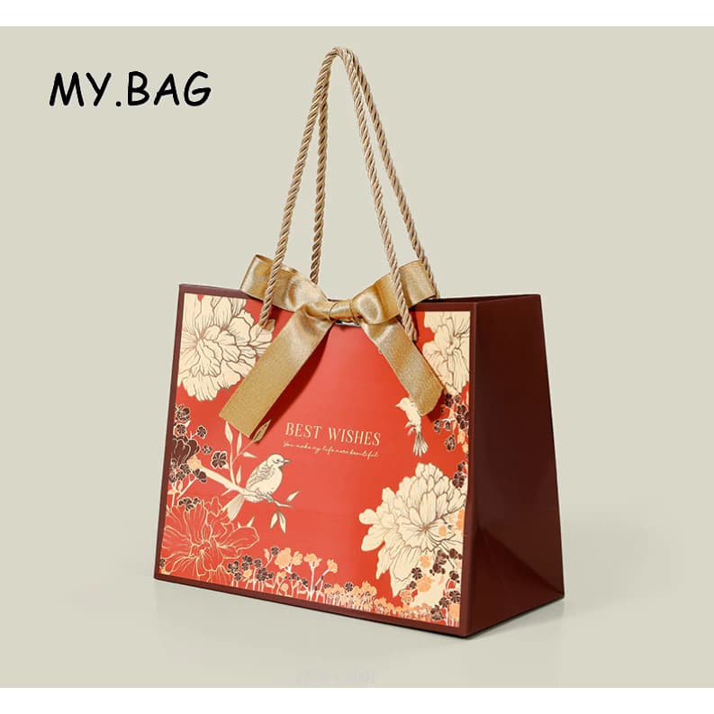 BAG ถุง ถุงกระดาษ หูหิ้วเชือก พิมพ์ลาย best wishes พร้อมโบว์ผูก ลายดอกไม้ รูปที่ 6