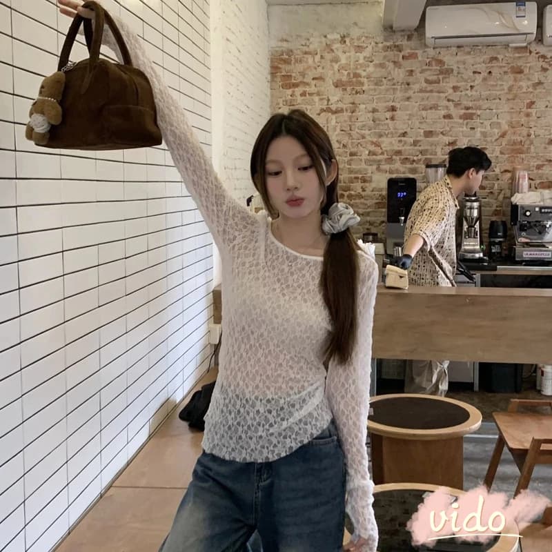 สองชิ้นคอ U ลูกไม้ถักด้านบนด้านหน้าและด้านหลังโปร่งใสสไตล์วินเทจสำหรับผู้หญิง VIDO รูปที่ 4