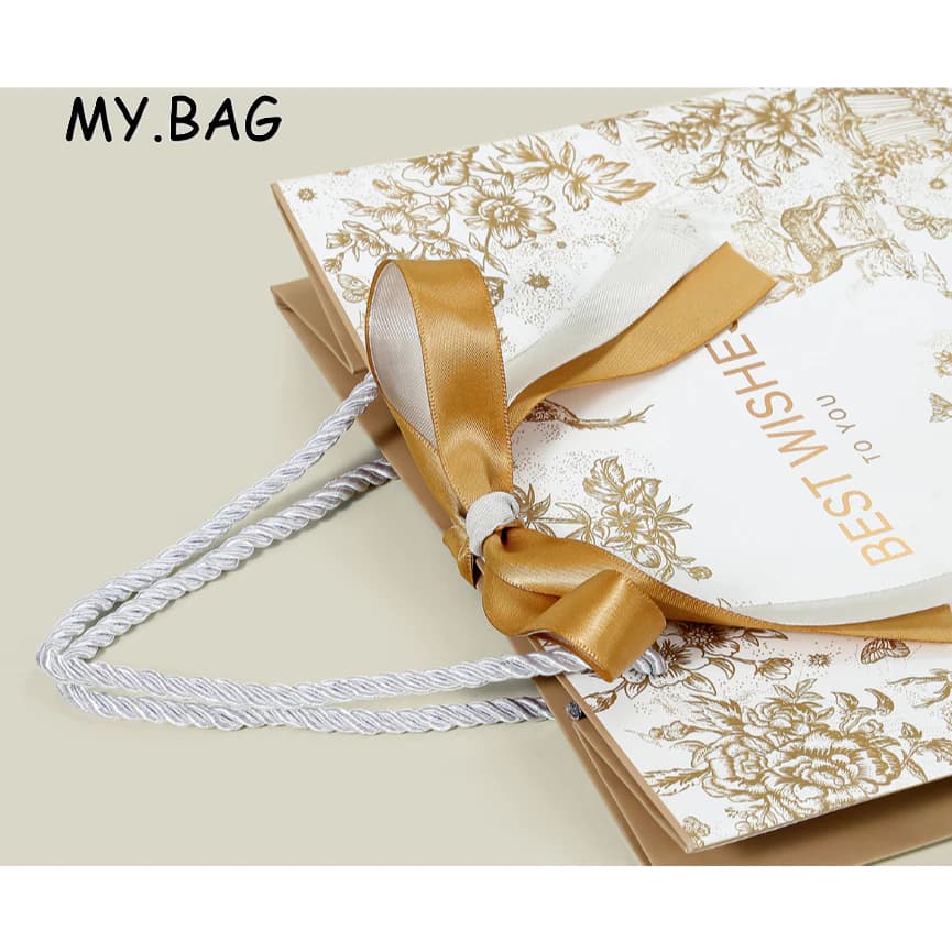 BAG ถุง ถุงกระดาษ หูหิ้วเชือก พิมพ์ลาย best wishes พร้อมโบว์ผูก ลายดอกไม้ รูปที่ 5
