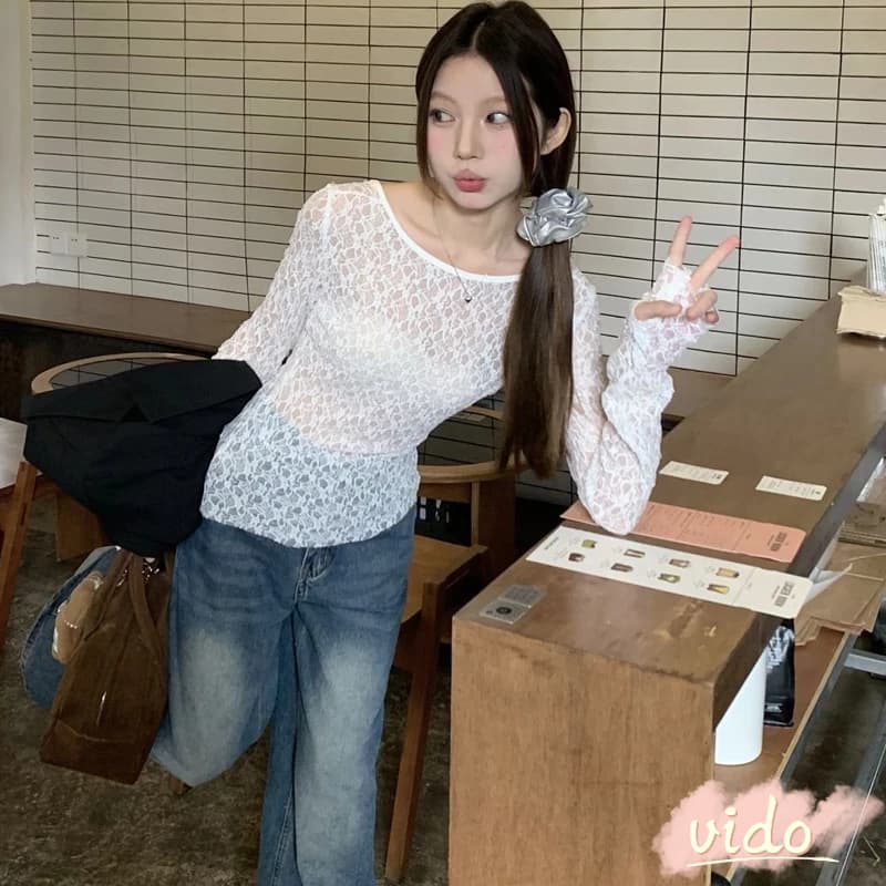 สองชิ้นคอ U ลูกไม้ถักด้านบนด้านหน้าและด้านหลังโปร่งใสสไตล์วินเทจสำหรับผู้หญิง VIDO รูปที่ 6