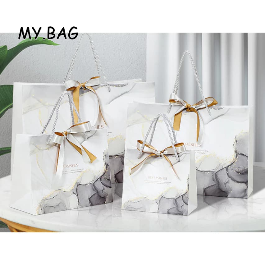 BAG ถุง ถุงกระดาษ หูหิ้วเชือก พิมพ์ลาย best wishes พร้อมโบว์ผูก ลายดอกไม้ รูปที่ 3