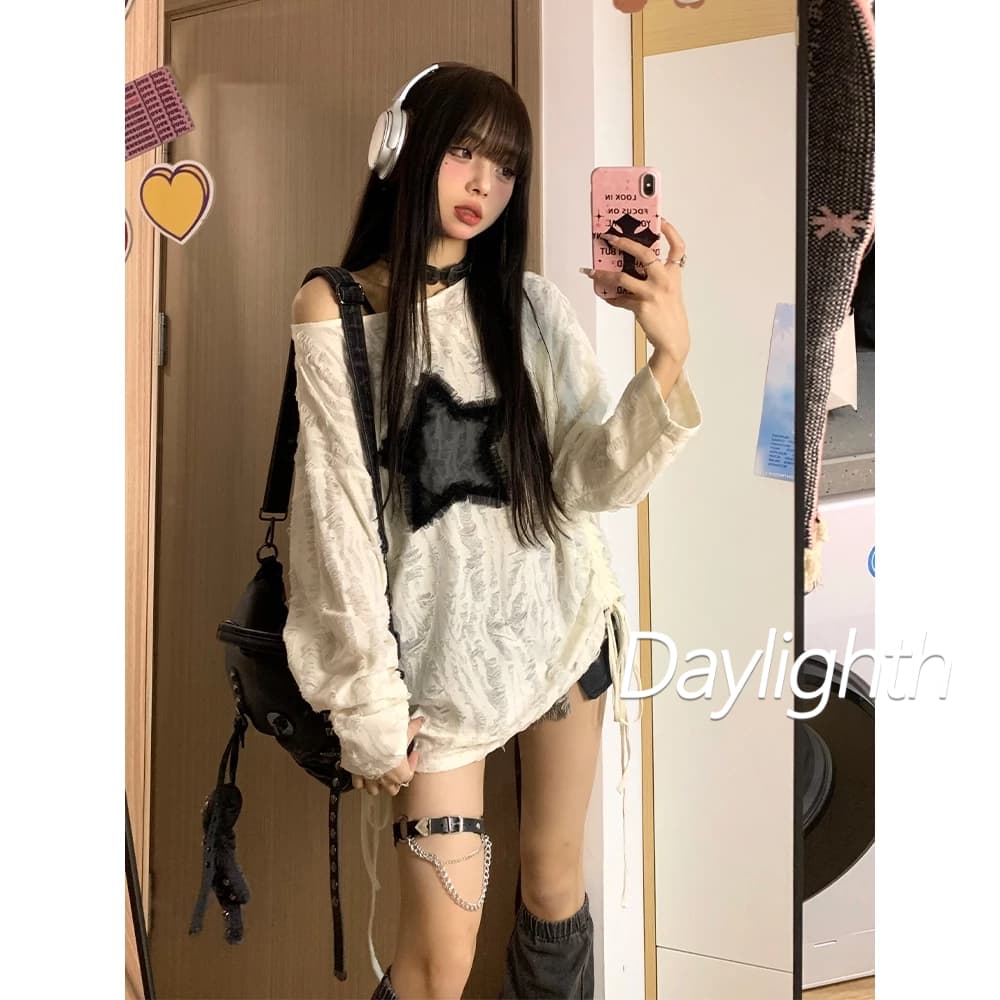 เสื้อยืดแขนยาว คอกลม ป้องกันแดด ทรงหลวม ลายดาว สามมิติ แฟชั่นฤดูใบไม้ร่วง สไตล์เกาหลี สําหรับผู้หญิง DL รูปที่ 3