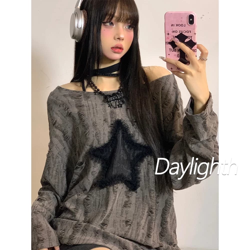 เสื้อยืดแขนยาว คอกลม ป้องกันแดด ทรงหลวม ลายดาว สามมิติ แฟชั่นฤดูใบไม้ร่วง สไตล์เกาหลี สําหรับผู้หญิง DL รูปที่ 4