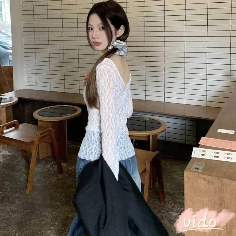 สองชิ้นคอ U ลูกไม้ถักด้านบนด้านหน้าและด้านหลังโปร่งใสสไตล์วินเทจสำหรับผู้หญิง VIDO รูปที่ 3