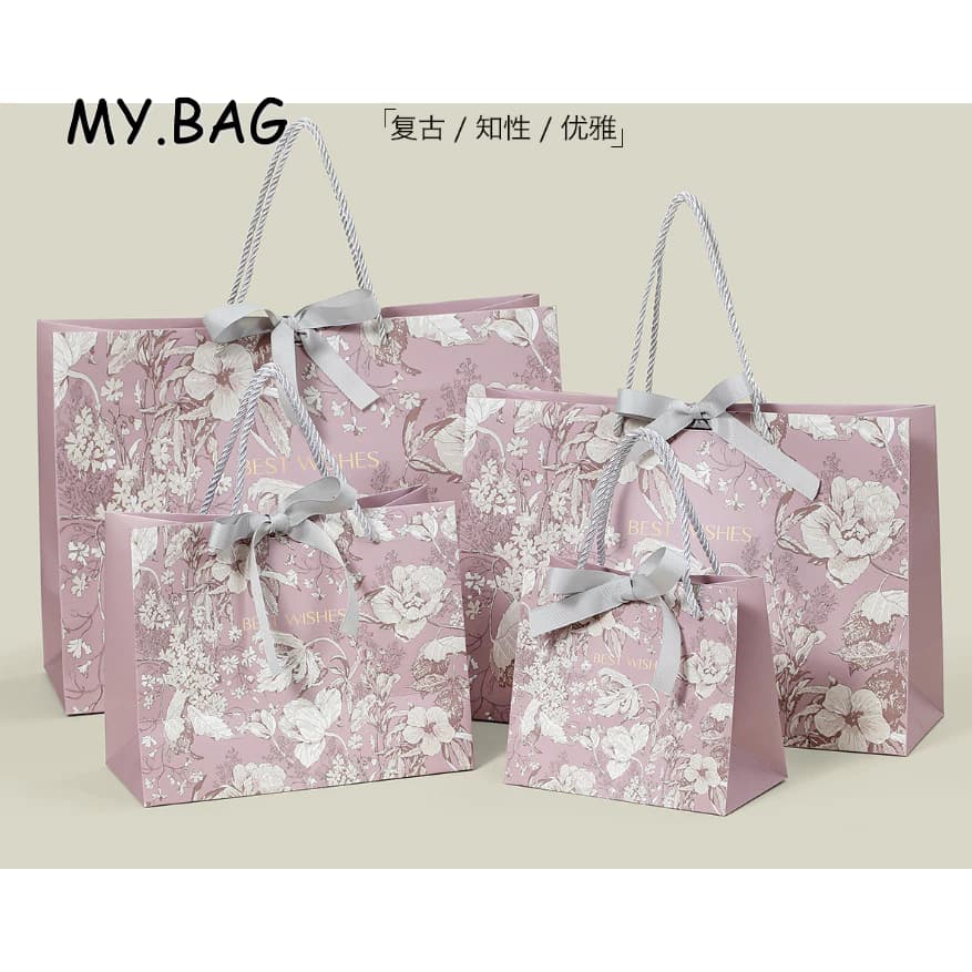BAG ถุง ถุงกระดาษ หูหิ้วเชือก พิมพ์ลาย best wishes พร้อมโบว์ผูก ลายดอกไม้ รูปที่ 2
