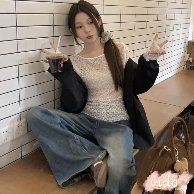 สองชิ้นคอ U ลูกไม้ถักด้านบนด้านหน้าและด้านหลังโปร่งใสสไตล์วินเทจสำหรับผู้หญิง VIDO รูปที่ 2