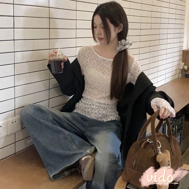สองชิ้นคอ U ลูกไม้ถักด้านบนด้านหน้าและด้านหลังโปร่งใสสไตล์วินเทจสำหรับผู้หญิง VIDO รูปที่ 7