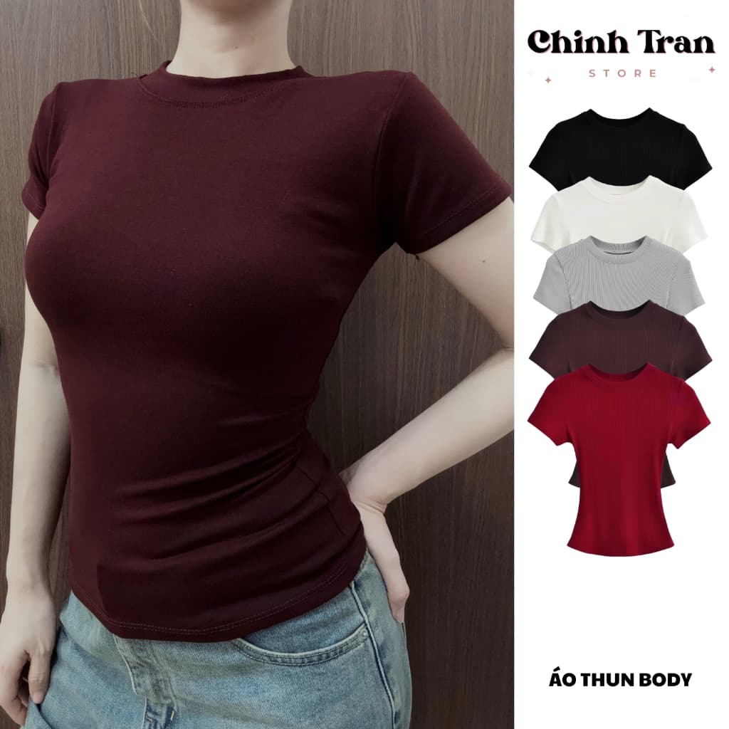 เสื้อยืดคอกลมเข้ารูปผู้หญิงผ้าฝ้ายนุ่มเย็น - Chinh Tran Store รูปที่ 2