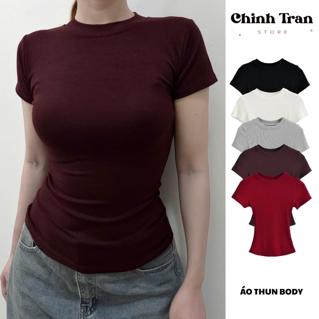 เสื้อยืดคอกลมเข้ารูปผู้หญิงผ้าฝ้ายนุ่มเย็น - Chinh Tran Store รูปที่ 5