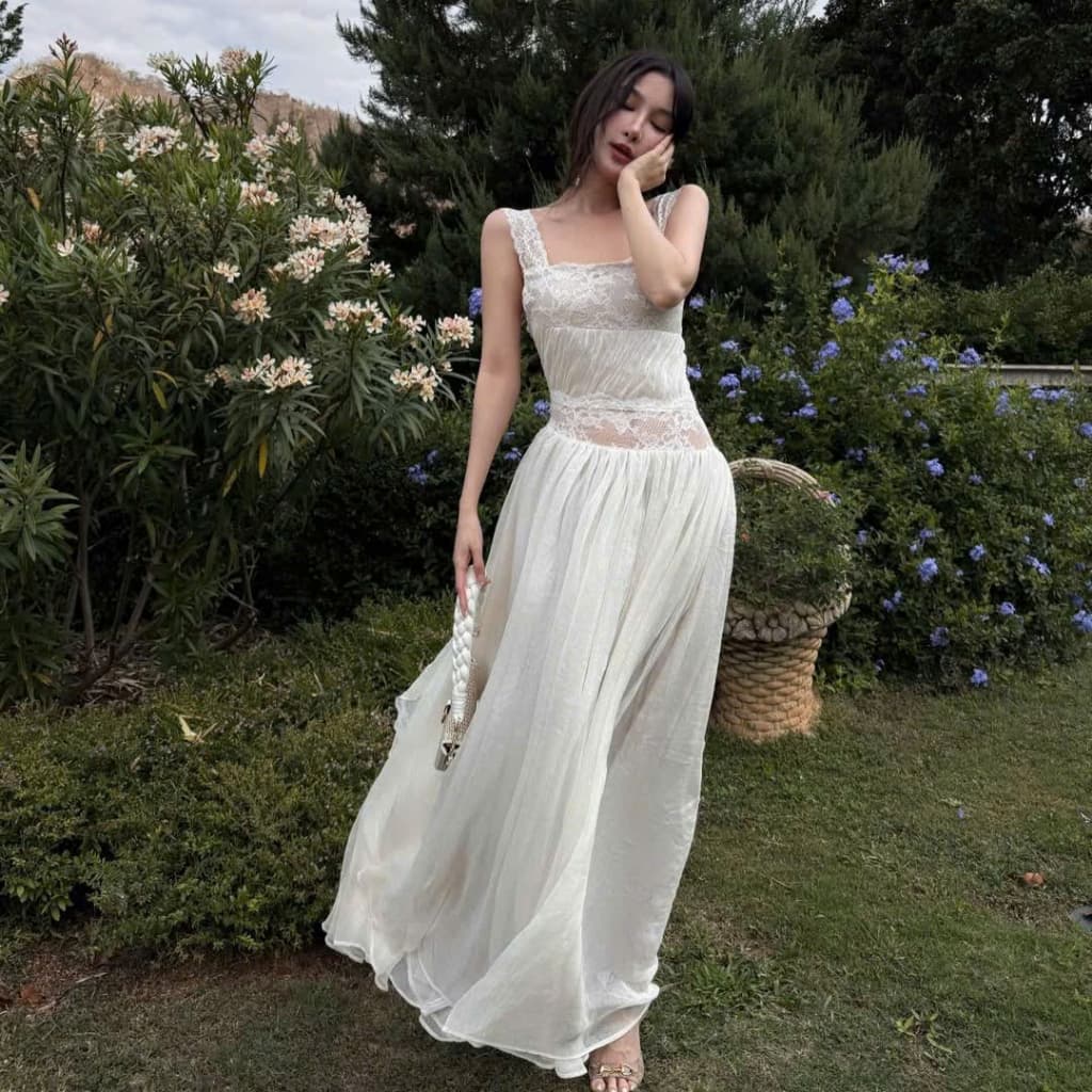 แม็กซี่เดรสสีขาวพร้อมดีไซน์ลูกไม้คุณภาพสูงเซ็กซี่เปลือยหลังชุดเดรสปาร์ตี้ยาวเลดี้หรูหรา รูปที่ 8
