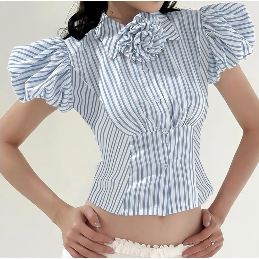 เสื้อเชิ้ตแขนบอลพร้อมเข็มขัดลายดอกไม้ เสื้อเชิ้ตผู้หญิงเก๋ๆ แขนบาน รูปที่ 2